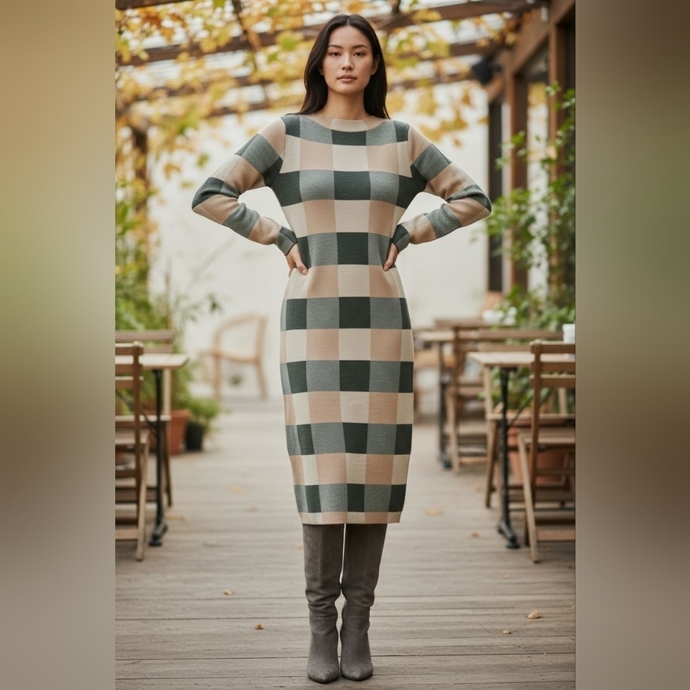 Nina Leonard Plaid Knit Gray, Cream, Tan Checked Pattern, Size S, NWT